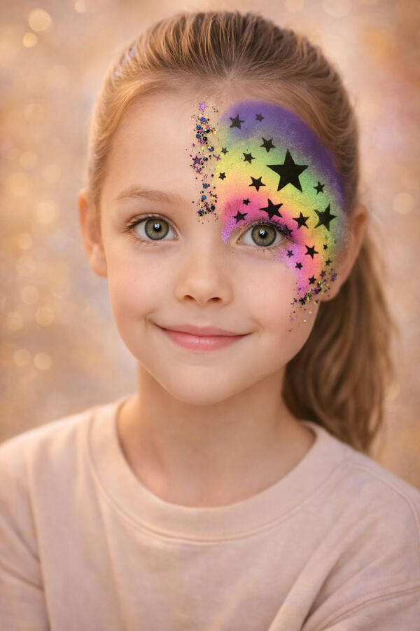 Rainbow pixie half-face face paint Rainbow pixie half-face face paint